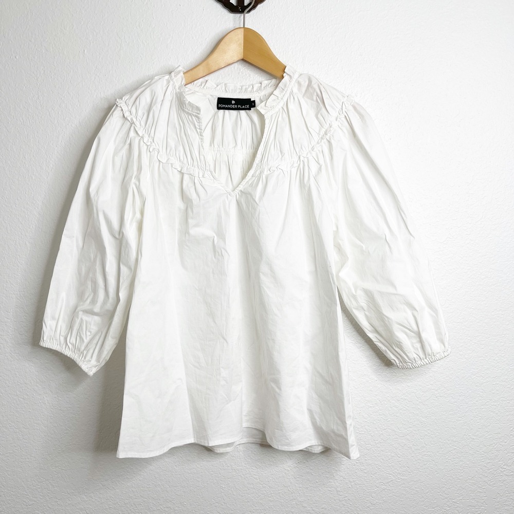 Pomander Place Tuckernuck White Cotton Ruffle V-Neck Blouse 3/4 Sleeve Top Small
